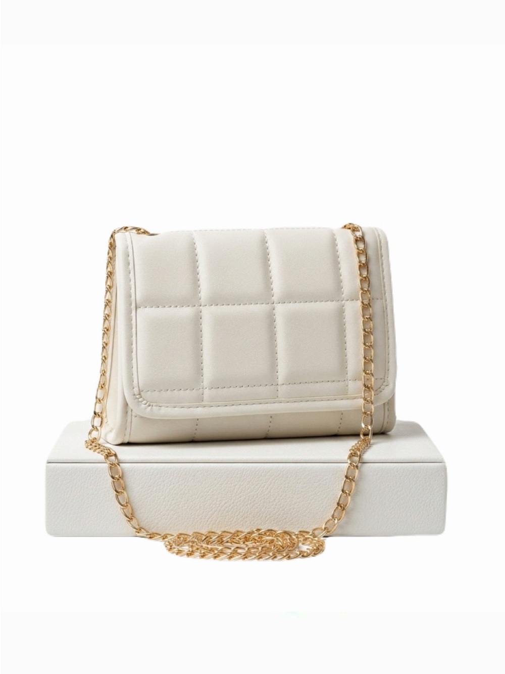 New Boho Plaid Quilted Cream Beige Faux Leather Flap Chain Square Crossbody Bag - Picture 1 of 16